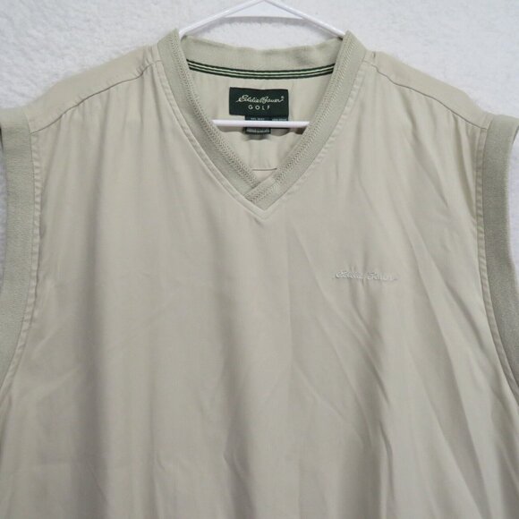 Eddie Bauer Golf Vest Mens Size Large Beige V Neck Windbreaker Pockets - Picture 2 of 9